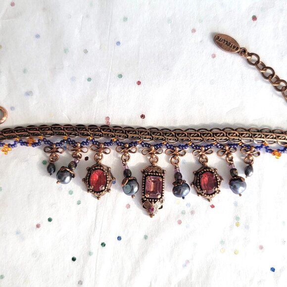 SATELLITE PARIS VINTAGE AMETHYST FACETED GLASS CHARMS/ DETAILED COPPER BRACELET - Picture 1 of 6